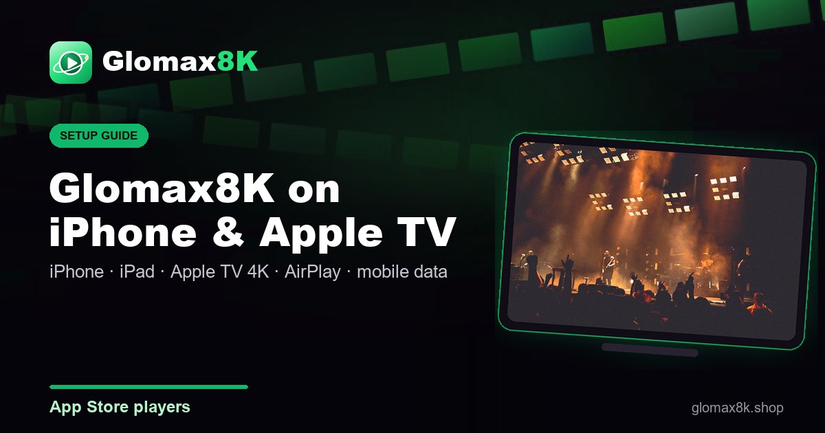 Glomax8K on iPhone, iPad and Apple TV setup guide card