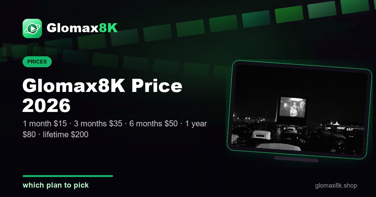 Glomax8K price 2026 card listing the five IPTV plans from $15 to lifetime $200